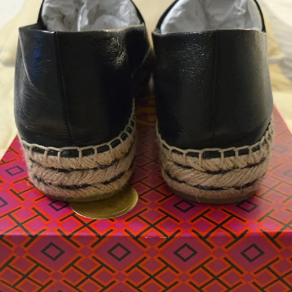 Tory Burch Black Ines Leather Platform Espadrille Slip-On Flats with Logo - Picture 5 of 8
